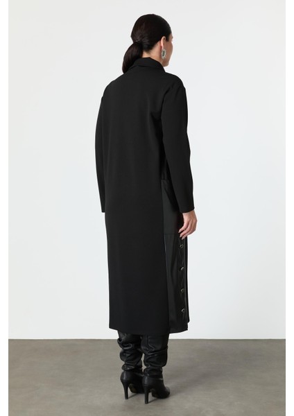 Büyük Beden Deri Detaylı Krep Elbise-Siyah