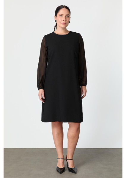 Büyük Beden Şifon Detay Krep Elbise-Siyah