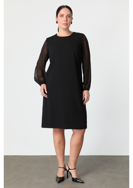 Büyük Beden Şifon Detay Krep Elbise-Siyah fiyatları