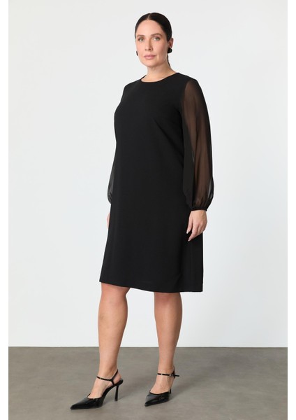 Büyük Beden Şifon Detay Krep Elbise-Siyah modelleri