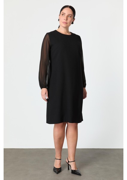 Büyük Beden Şifon Detay Krep Elbise-Siyah fırsatları