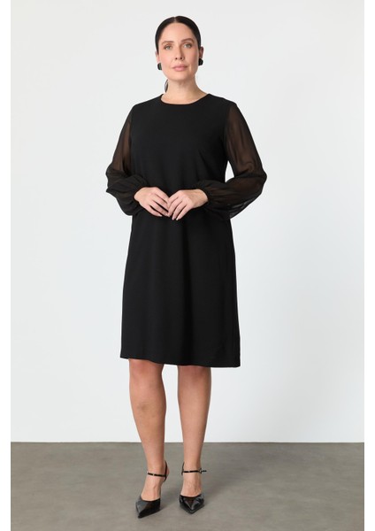 Büyük Beden Şifon Detay Krep Elbise-Siyah indirimleri