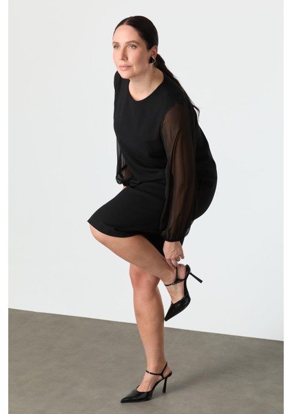 Büyük Beden Şifon Detay Krep Elbise-Siyah