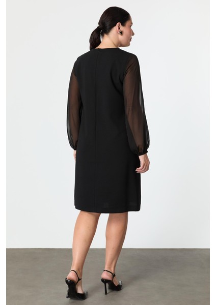 Büyük Beden Şifon Detay Krep Elbise-Siyah