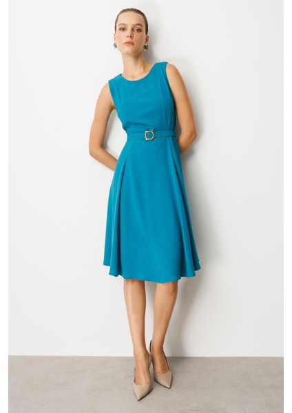 Cep Detaylı Kolsuz Krep Elbise-Turkuaz fiyatları