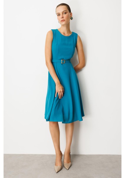 Cep Detaylı Kolsuz Krep Elbise-Turkuaz modelleri