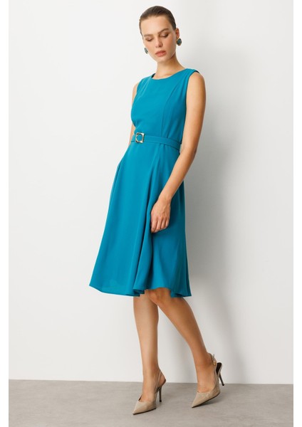Cep Detaylı Kolsuz Krep Elbise-Turkuaz fırsatları