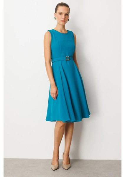 Cep Detaylı Kolsuz Krep Elbise-Turkuaz indirimleri
