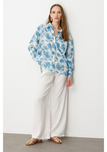 Cep Detaylı Çiçek Baskılı Gömlek-Mavi fiyatları