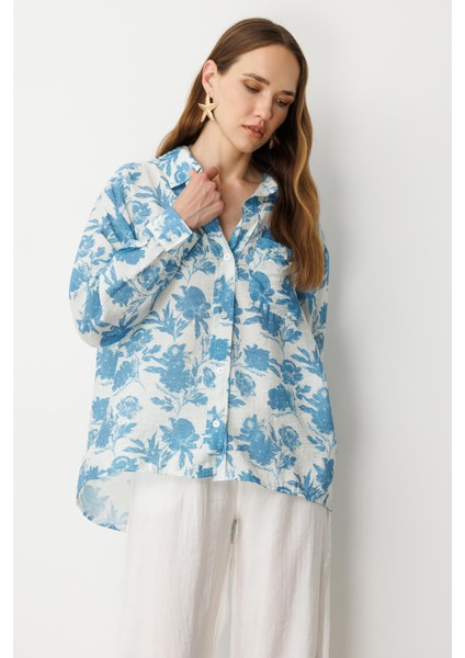 Cep Detaylı Çiçek Baskılı Gömlek-Mavi modelleri