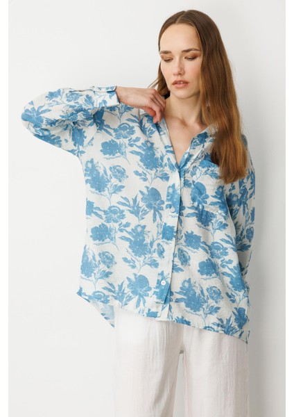 Cep Detaylı Çiçek Baskılı Gömlek-Mavi fırsatları