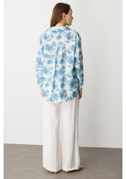 Cep Detaylı Çiçek Baskılı Gömlek-Mavi indirimleri