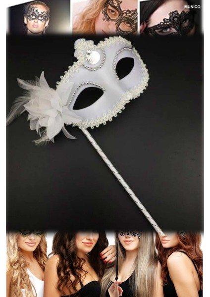 2 Adet Beyaz Renk Işıltılı Maske Saplı Tasarım Eğlenceli ve Zarif Kostüm ve Parti Aksesuar Gelinlik