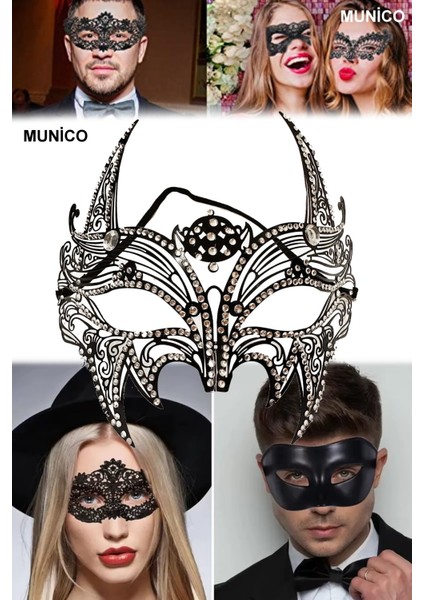 Siyah Renk Metal Lüks Maske – Kristal ve Gümüş Taşlı, El Işçiliği | Maskeli Balo Aksesuarı