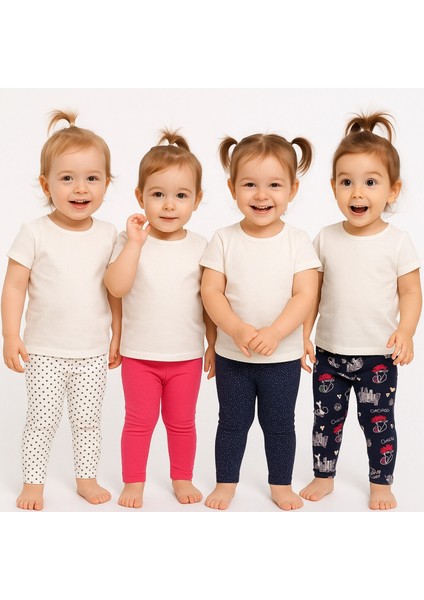 Kız Bebek 4’lü Likralı Pamuklu (6-24 Ay) Lastikli Bel Renkli Desenli Yumuşak Tayt