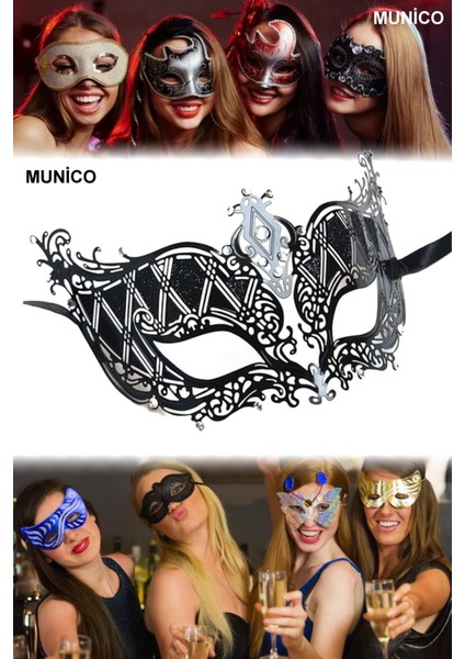 Kristal Taşlı Siyah Metal Maske Lazer Kesim, Gümüş Detaylı Balo ve Özel Geceler Için Lüks fırsatları