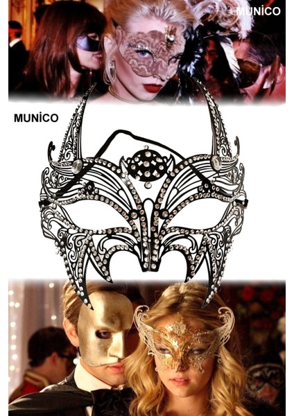 Kristal Taşlı Siyah Metal Maske Lazer Kesim, Gümüş Detaylı Balo ve Özel Geceler Için Lüks