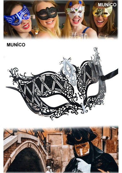 Kristal Taşlı Siyah Metal Maske Lazer Kesim, Gümüş Detaylı Balo ve Özel Geceler Için Lüks
