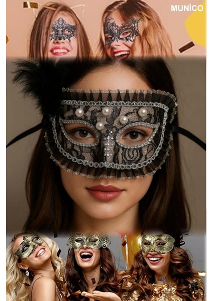 Yandan Tüylü Siyah Maske Dantel Kaplama Inci ve Taş Detaylı Maskeli Balo ve Kostüm Partisi fiyatları