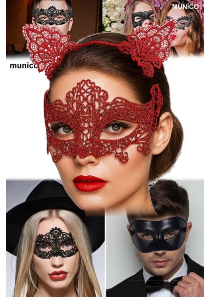 2 Adet Romantik Kırmızı Dantel Maske Seti – Kedi Kulaklı Taç + Maske | Cosplay ve Özel Günler Için indirimleri