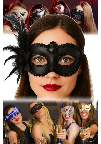 Siyah Venedik Parti Maskesi Yandan Tüylü ve Güllü Tasarım 16X22 cm Şık Aksesuar Sexy Fantezi