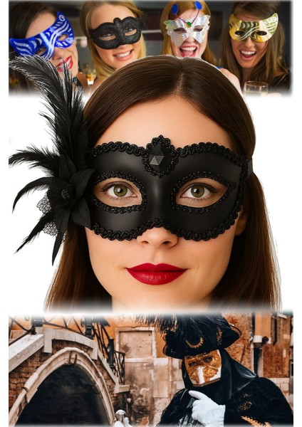 Siyah Venedik Parti Maskesi Yandan Tüylü ve Güllü Tasarım 16X22 cm Şık Aksesuar Sexy Fantezi