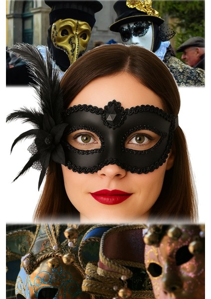 3 Adet Siyah Venedik Parti Maskesi Yandan Tüylü ve Güllü Tasarım 16X22 cm Şık Aksesuar Sexy Fantezi fiyatları