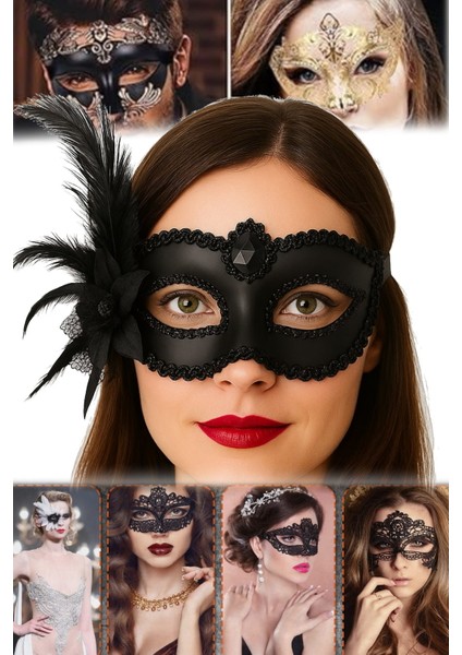 3 Adet Siyah Venedik Parti Maskesi Yandan Tüylü ve Güllü Tasarım 16X22 cm Şık Aksesuar Sexy Fantezi fırsatları