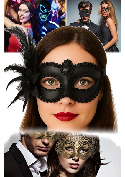 3 Adet Siyah Venedik Parti Maskesi Yandan Tüylü ve Güllü Tasarım 16X22 cm Şık Aksesuar Sexy Fantezi indirimleri