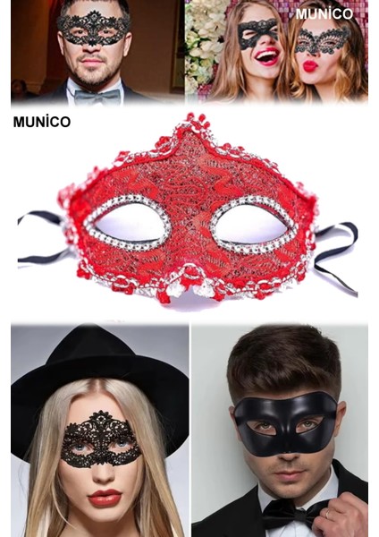 2 Adet Sexy Kristal Taşlı Kırmızı Maske Dantelli Elastik Sabitlemeli Bride ve After Parti Için Ideal