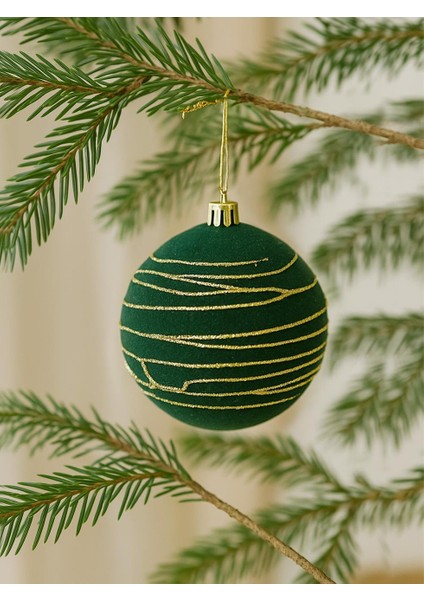Kadife Yılbaşı Topu – Altın Simli Çam Ağacı Süsü Yeşil 12 cm 2'li