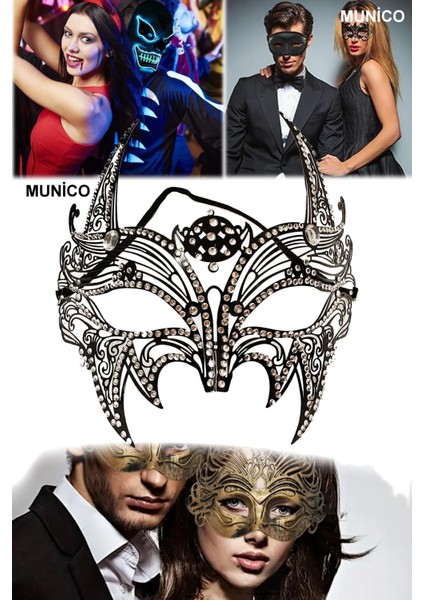 3 Adet Siyah Renk Metal Lüks Maske – Kristal ve Gümüş Taşlı, El Işçiliği | Maskeli Balo Aksesuarı fiyatları