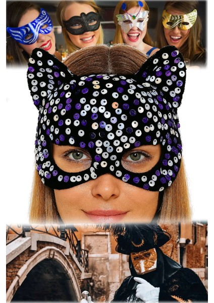 Mor Beyaz Payetli Siyah Maske Kadife Kumaşlı, Şık Rahat Maskeli Balo ve Kostüm Partisi Için fiyatları