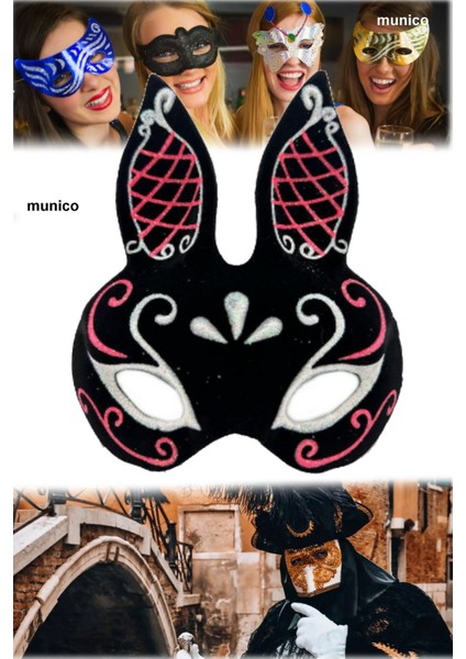 Siyah Renk Süet Tavşan Maskesi Simli Detaylı, Ayarlanabilir Kayışlı | Maskeli Balo ve Karnaval indirimleri