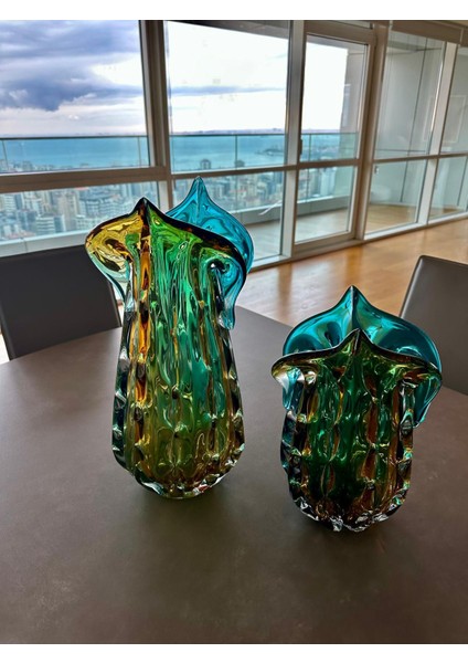 Amber Yeşil Cam Vazo Ikili Set