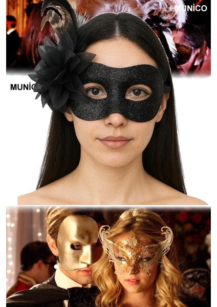 2 Adet Siyah Metalize Simli Parti Maskesi Parlak Tüylü, 22X19 cm | Maskeli Balo ve Kostüm Aksesuarı
