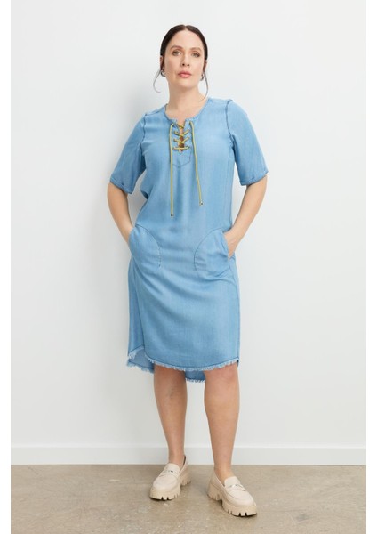 Büyük Beden Tensel Kot Elbise-A.mavı