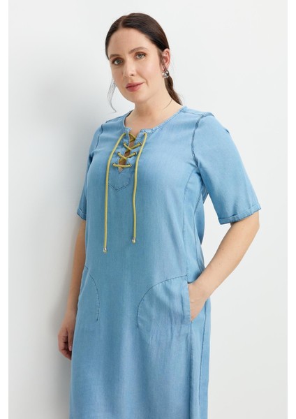Büyük Beden Tensel Kot Elbise-A.mavı