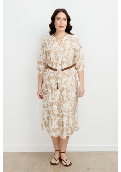 Büyük Beden Desenli Uzun Elbise-Mokka