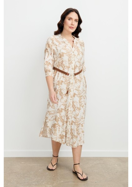 Büyük Beden Desenli Uzun Elbise-Mokka fiyatları