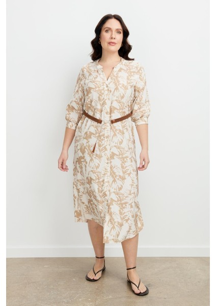 Büyük Beden Desenli Uzun Elbise-Mokka modelleri