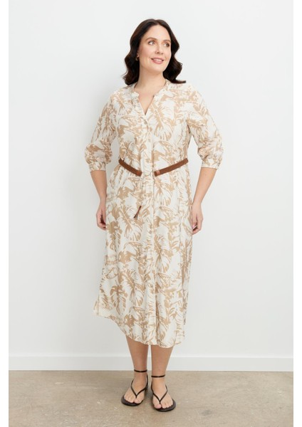 Büyük Beden Desenli Uzun Elbise-Mokka indirimleri