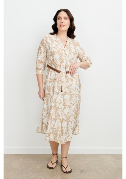 Büyük Beden Desenli Uzun Elbise-Mokka