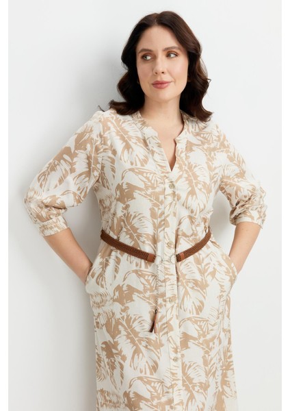 Büyük Beden Desenli Uzun Elbise-Mokka