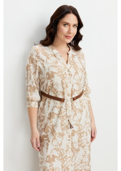 Büyük Beden Desenli Uzun Elbise-Mokka