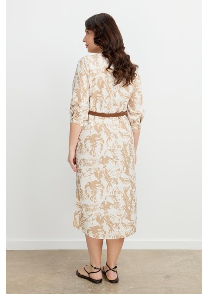 Büyük Beden Desenli Uzun Elbise-Mokka