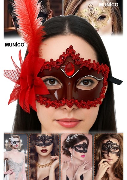 Kırmızı Renk Maske Gül ve Tüy Detaylı, Mat Görünümlü | Maskeli Balo ve Kostüm Partileri Için