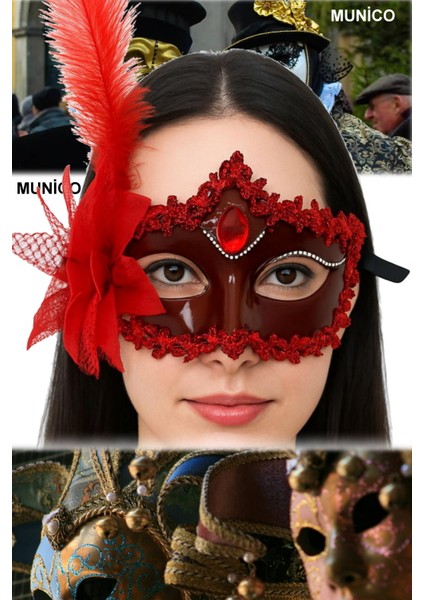 Kırmızı Renk Maske Gül ve Tüy Detaylı, Mat Görünümlü | Maskeli Balo ve Kostüm Partileri Için fırsatları