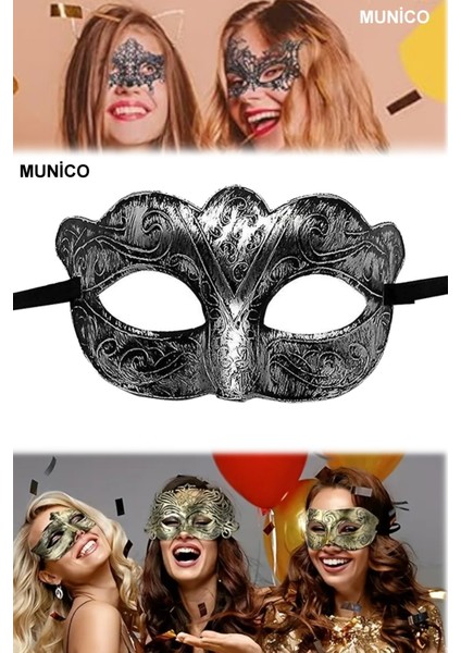 3 Adet Siyah Renk Metal Maske Gümüş Işıltılı Kristal Detaylı | Maskeli Balo ve Fotoğraf Çekimi Için fiyatları