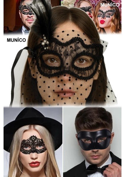 3 Adet Siyah Renk Duvaklı Maske Puantiyeli Kumaş, Inci Süslemeli Kostüm Maskeli Balo Hallowen Parti